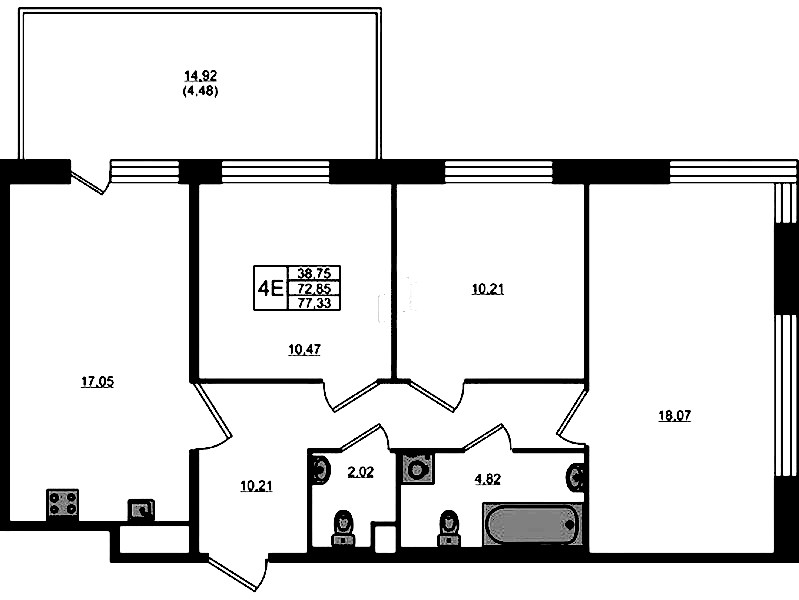 3-комнатная квартира 72.85 м², 1/5 эт., ЖК «Plus Пулковский»